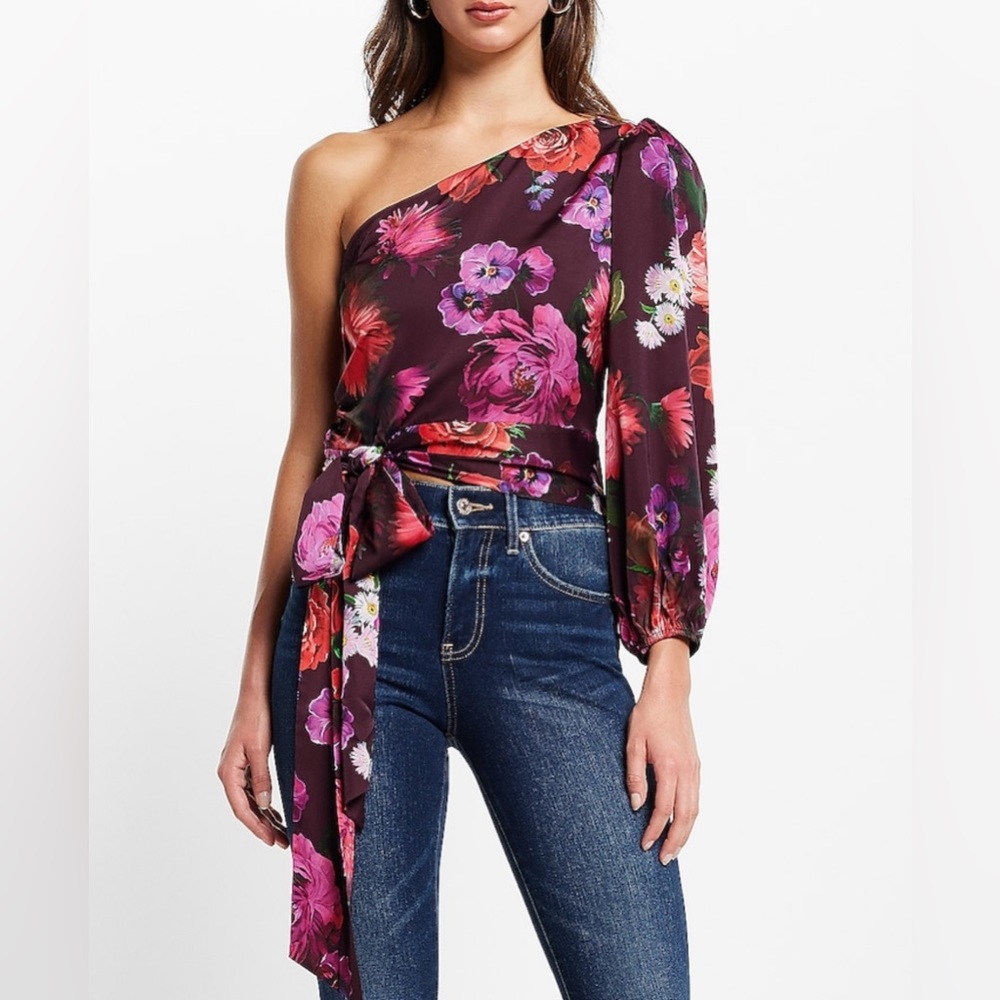 Express Satin Floral One Shoulder Tie Waist Top